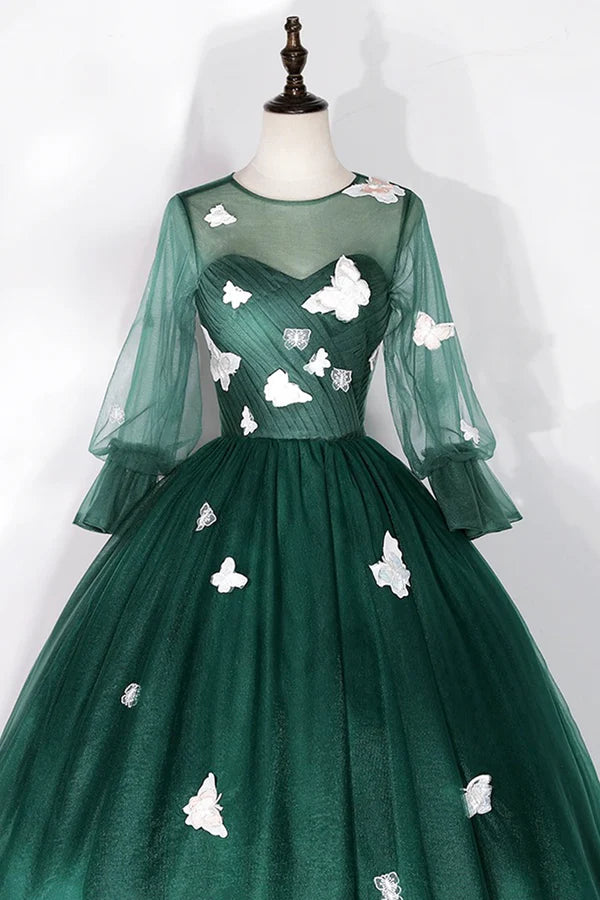 Wholesale Dark Green Tulle Long Prom Dress A-Line Long Sleeve Evening Party Dress with Butterfly Appliques